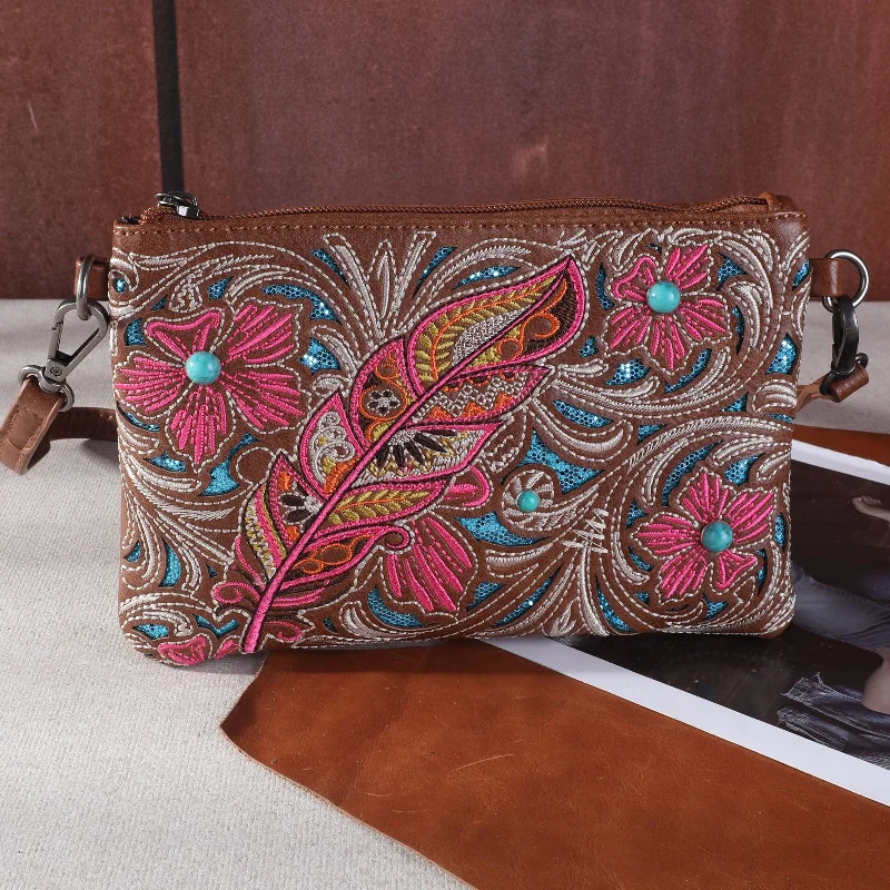 Ladies Crossbody Bag Classic Brown -MW1244-181 Montana West  Embroidered Floral Cut-out Collection Clutch/Crossbody