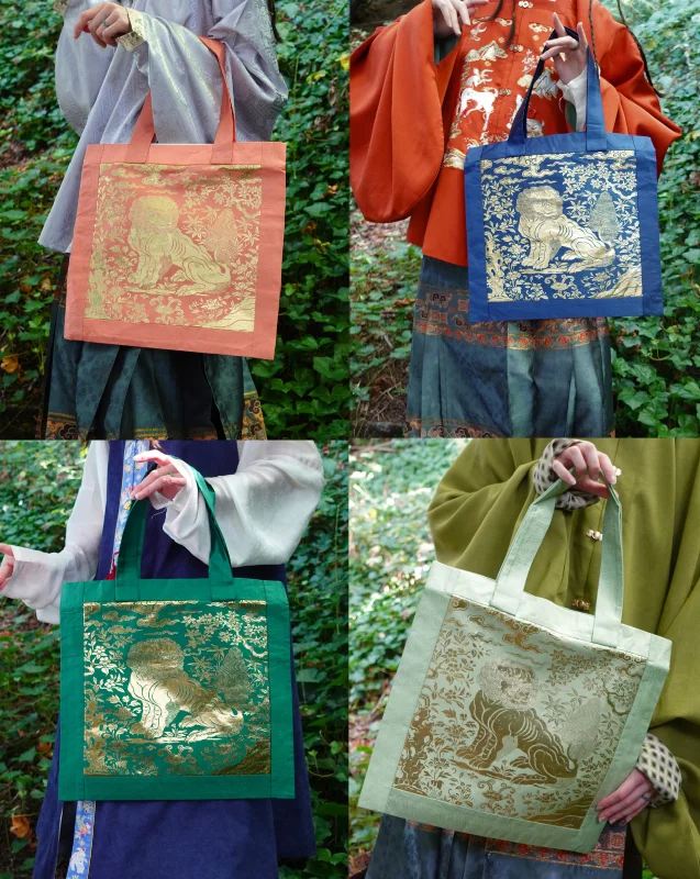 women's tote bag with crossbody option -Xiang Shi 祥狮 Lucky Lion Golden Buzi Patch Brocade Tote Bag