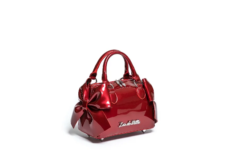 women's tote bag with convenient zip pocket -Red Shiny Mini Double Bow Tote