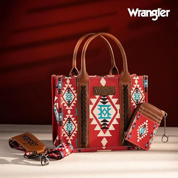 women's tote bag with top zip closure -WG2203-8120SW  Wrangler Aztec Small Tote/Crossbody and Card Case Set 2Pc- Burgundy