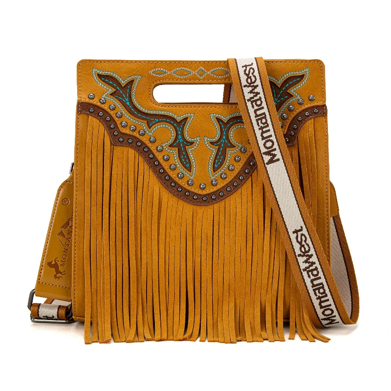 women's tote bag with sleek, minimalist design -MW1281G-9360  Montana West Fringe Embroidered Concealed Carry Tote/Crossbody - Mustard