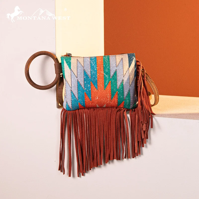 Ladies Crossbody Bag Vibrant Prints -MW1290-181 Montana West Aztec Print Fringe Ring Handle Wristlet Clutch Bag