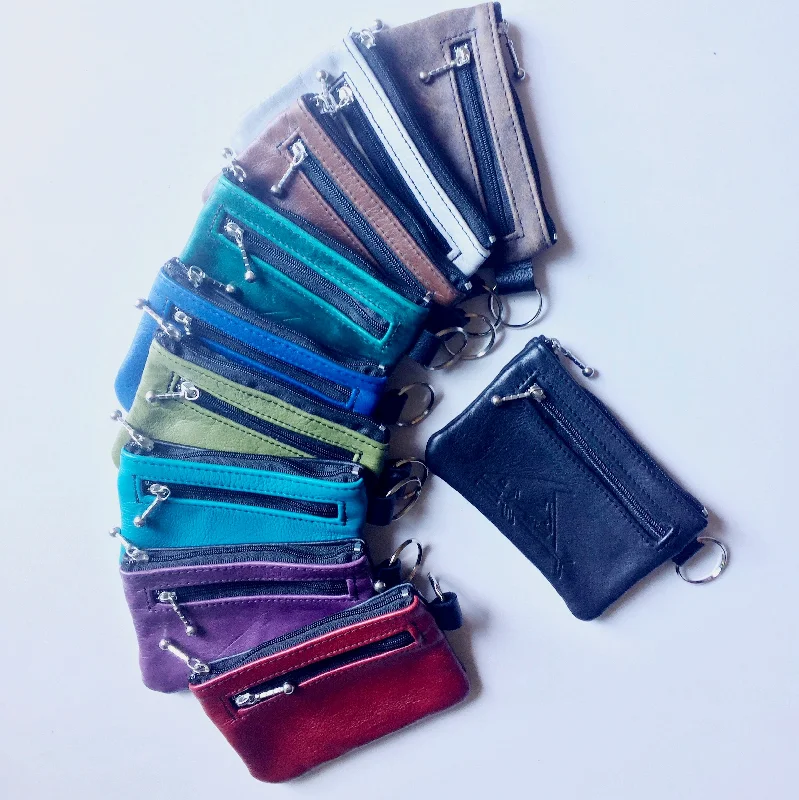 women's wallet with simple, clean closure -5” Triple Zip Coin Wallet - Unisex Leather Change Purse