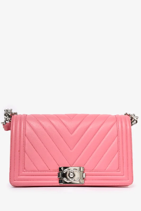 women's handbag with eye-catching design -Pre-Loved Chanel™ 2016/17 Pink Leather Chevron Patterned Medium Boy Crossbody