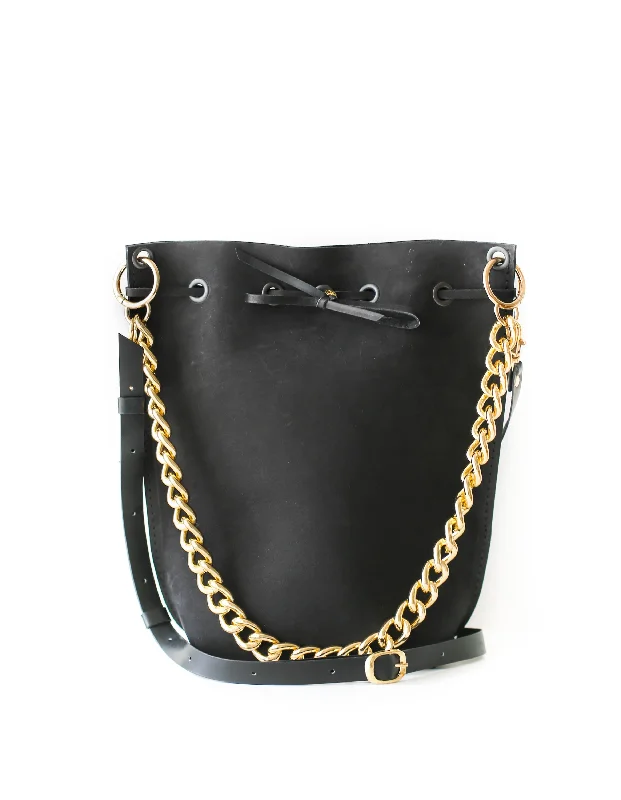 women's bucket bag with soft canvas finish -Black Leather Bucket Bag