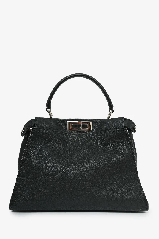 women's handbag with functional inner compartments -Fendi Black Grained Leather Medium Peekaboo Top Handle with Strap