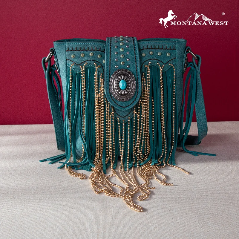 Ladies Crossbody Bag Multi Pocket -MWF1047-8360  Montana West Fringe Collection Crossbody - Turquoise