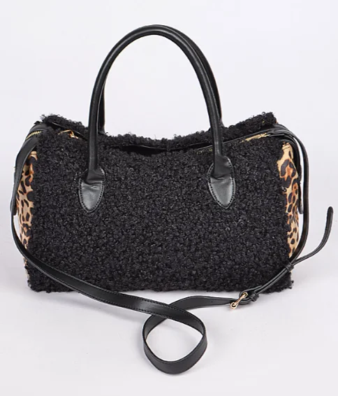 women's tote bag with colorful patterns -Fuzzy Black & Leopard Tote