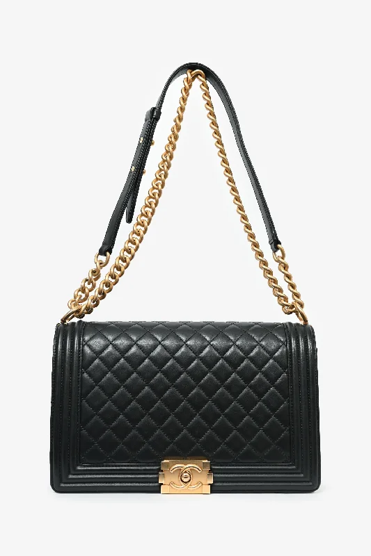 women's handbag with clean structured shape -Pre-Loved Chanel™ 2019 Black Quilted Lambskin Large Boy Bag