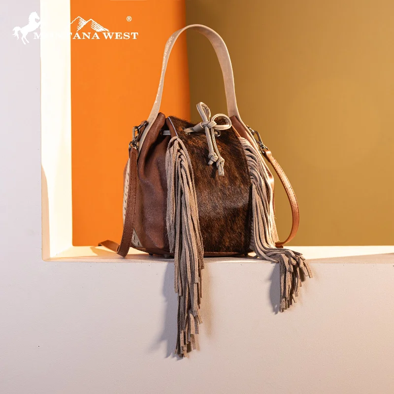 Ladies Crossbody Bag Modern Elegance -MWF1046-205S Montana West Hair-On Cowhide Drawstring Hobo/Crossbody - Brown