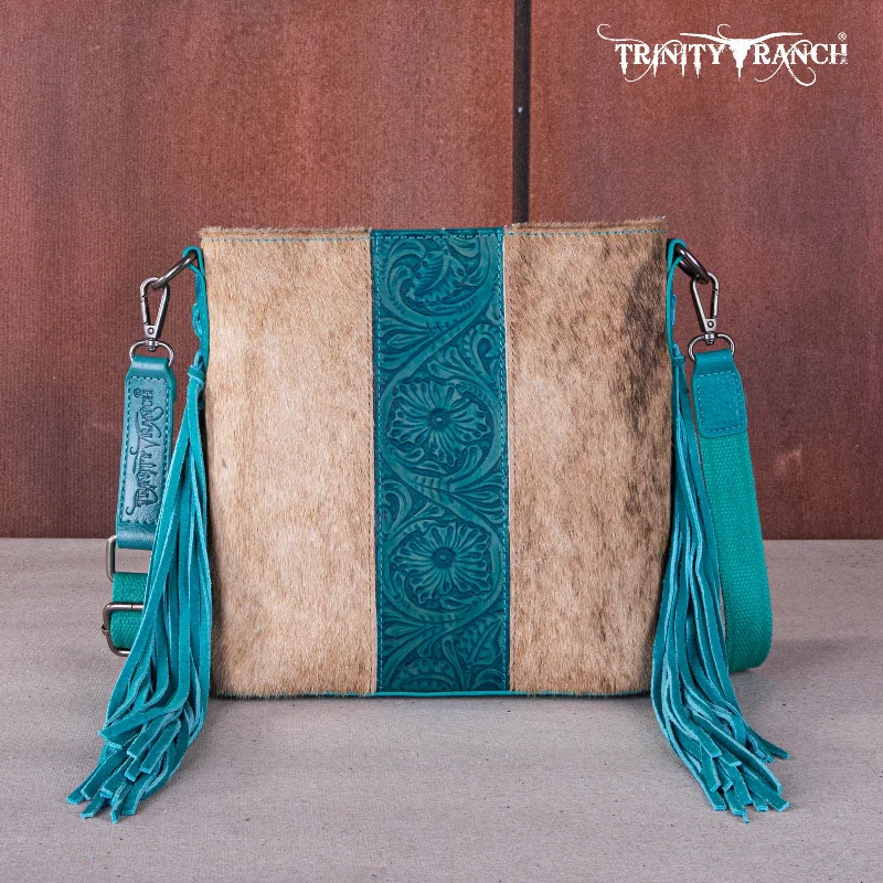 women's handbag with luxury leather look -TR159G-9360   Trinity Ranch Hair-On Cowhide/Tooled Fringe Concealed Carry Crossbody Bag