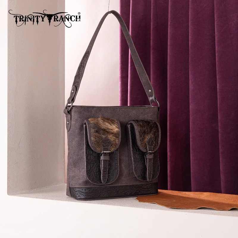 women's handbag with contemporary design -TR185G-918  Trinity Ranch Genuine Hair-On Cowhide Tooled Concealed Carry Hobo Bag-  Coffee