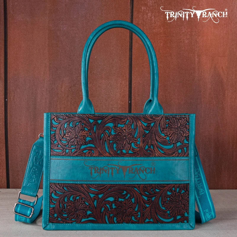 women's handbag with detachable purse -TR169G-8119S   Trinity Ranch Floral Tooled Concealed Carry Tote - Turquoise