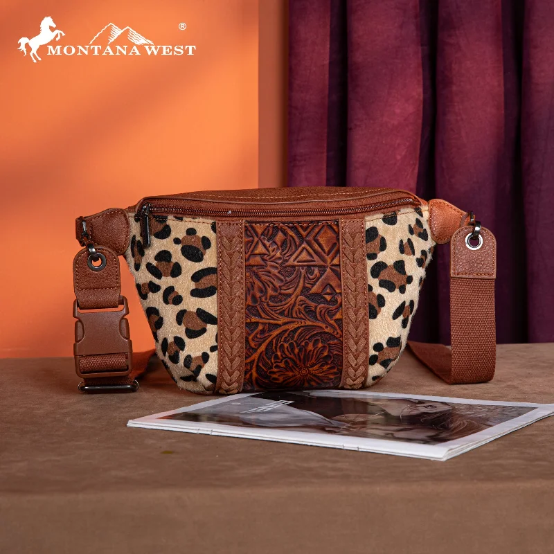 Ladies Crossbody Bag Vibrant Leather -MW1318-194 Montana West Tooled Collection Fanny Pack - Leopard