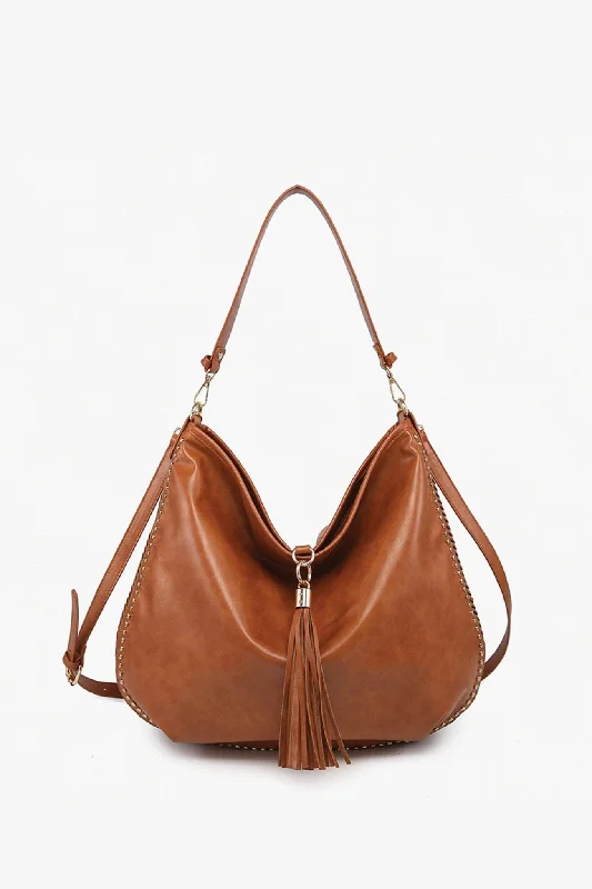 women's dumpling bag with large exterior pocket -M2546 Demi Distressed Studded Hobo Bag