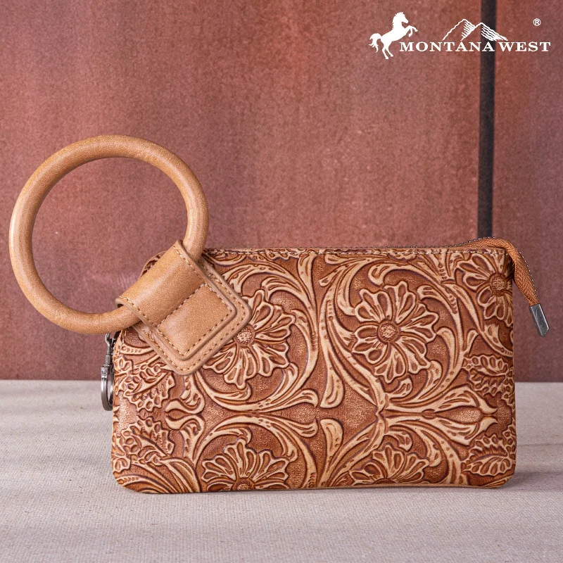 Ladies Crossbody Bag Chic Look -MW1260-B181 Montana West Floral Tooled Ring Handle Wristlet Clutch Bag