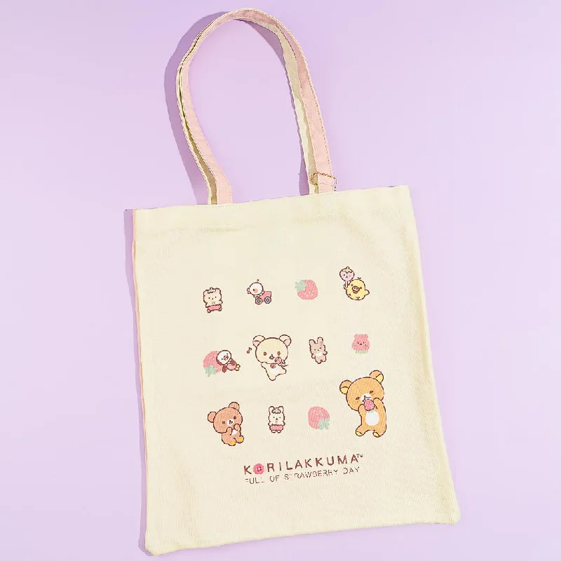 women's tote bag with metallic accents -Korilakkuma Full of Strawberry Day Two-Toned Tote Bag