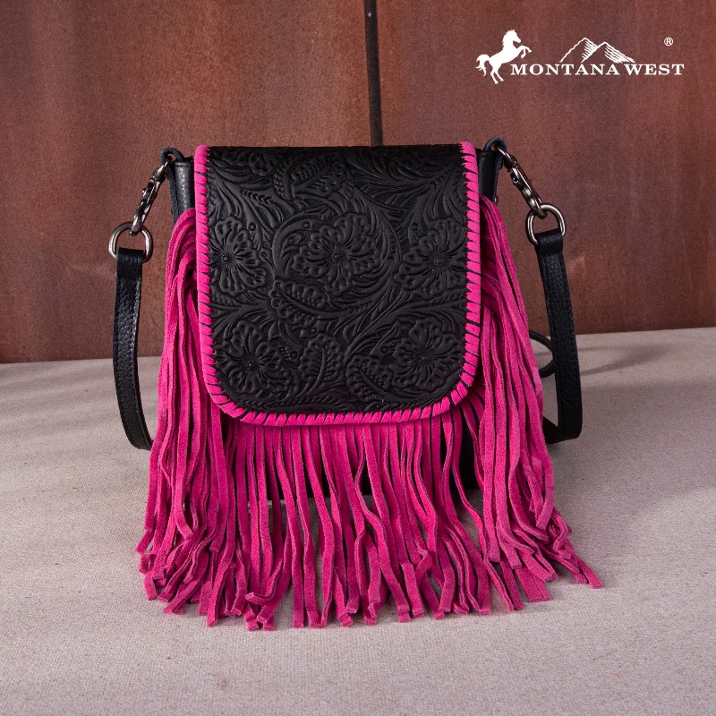 Ladies Crossbody Bag Secure Closure -RLC-L159 Montana West Genuine Leather Tooled Collection Fringe Crossbody Black-Hot Pink