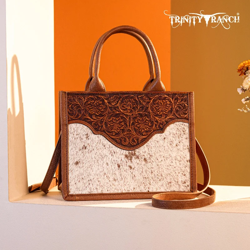 women's handbag with classic flap closure -TR178G-8899   Trinity Ranch Hair On Cowhide Floral Tooled Concealed Carry Tote/Crossbody - Brown