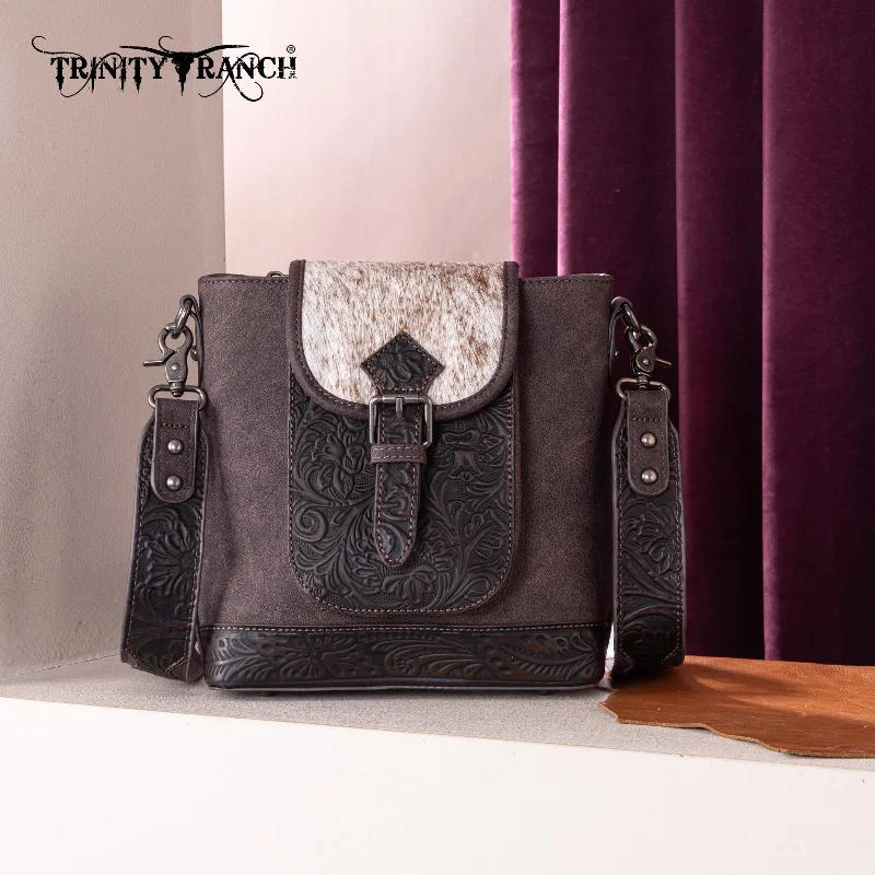 women's handbag with zippered outer pocket -TR185G-9360  Trinity Ranch Genuine Hair-On Cowhide Tooled Concealed Carry Crossbody Bag-  Coffee