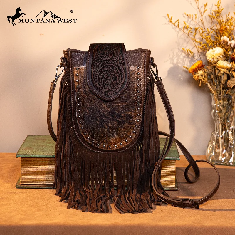 women's handbag with glossy finish -TR180-8360  Trinity Ranch Genuine Hair-On Cowhide Tooled Fringe  Crossbody Bag- Coffee