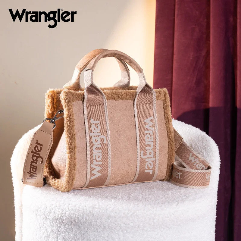 women's tote bag with gold chain strap -WG181-8120S  Wrangler Sherpa Small Canvas Tote/Crossbody - Khaki