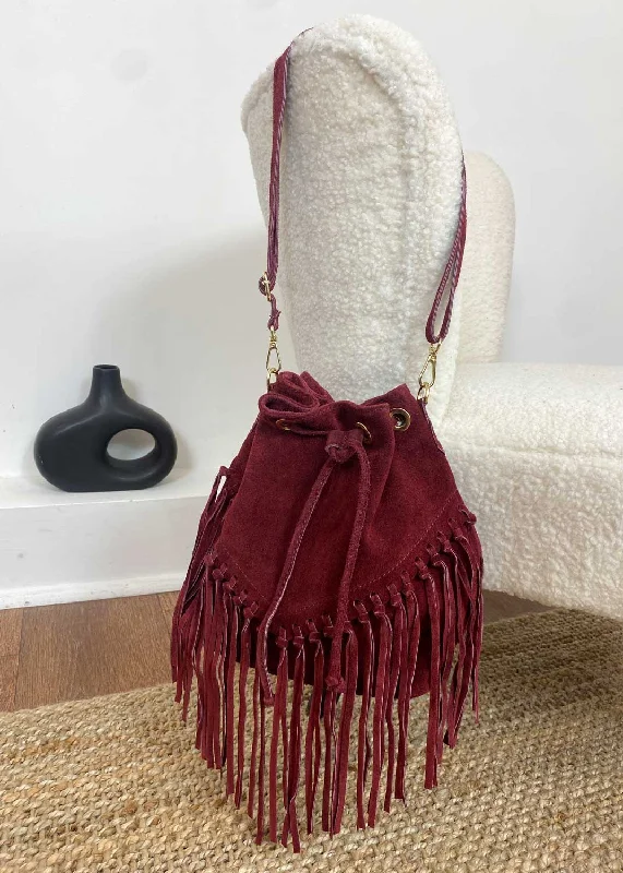 women's bucket bag with metallic accents -Dutton Suede Fringe Bucket Bag in Red