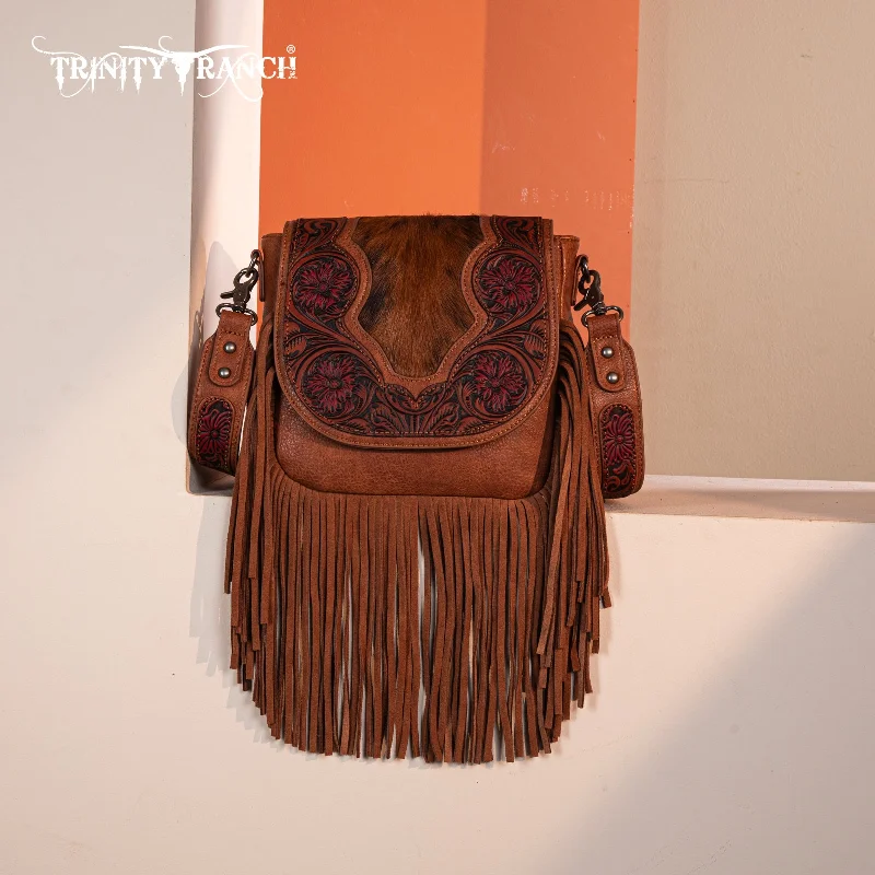 women's handbag with top fold closure -TR187-8360  Trinity Ranch Genuine Hair-On Cowhide Tooled Fringe  Crossbody Bag-Brown