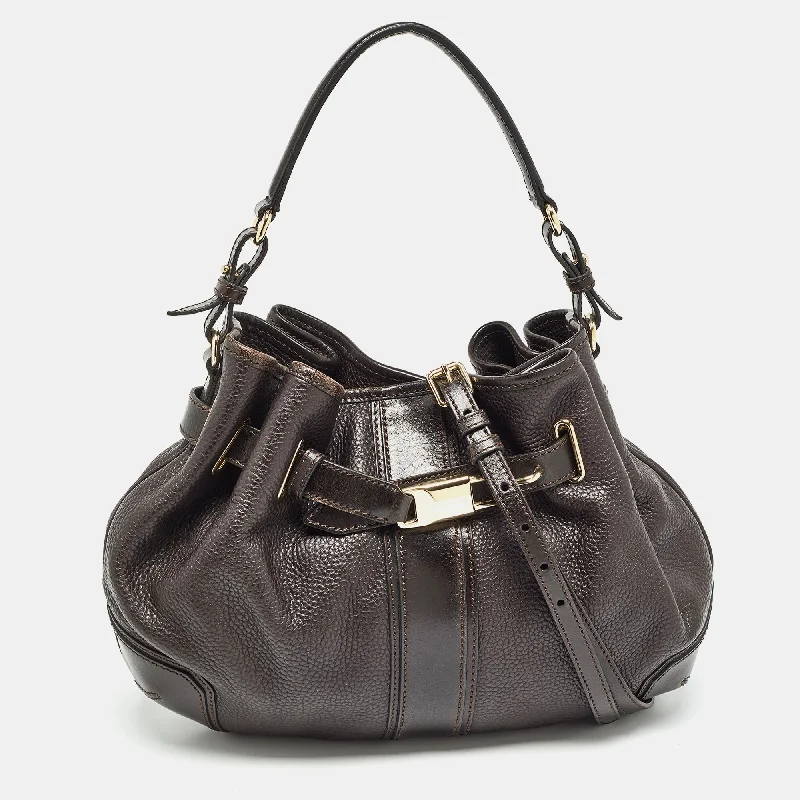 women's dumpling bag with top zipper -BURBERRY Dark Brown Leather Willenmore Hobo