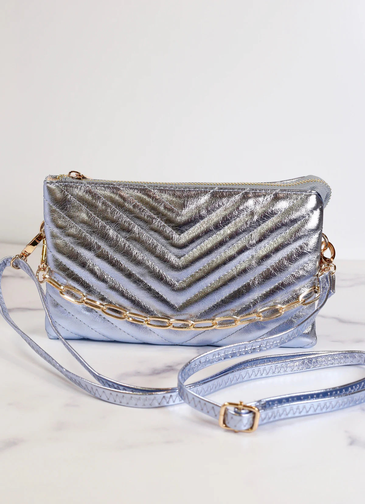 Ladies Crossbody Bag Casual Leather -Caroline Hill Sherman Crossbody Handbag in Metallic Denim