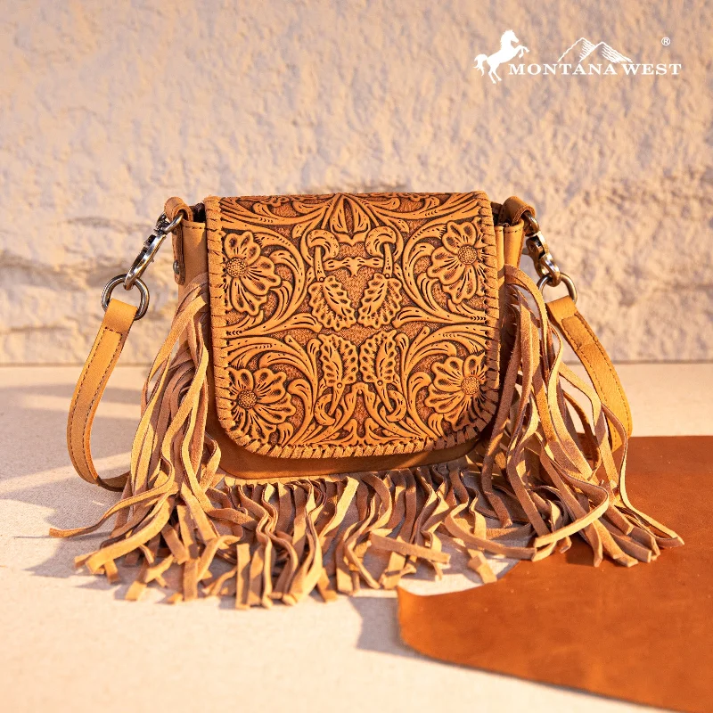 Ladies Crossbody Bag Daily Carry -RLC-L187 Montana West Genuine Leather Tooled Fringe Crossbody - Light Brown