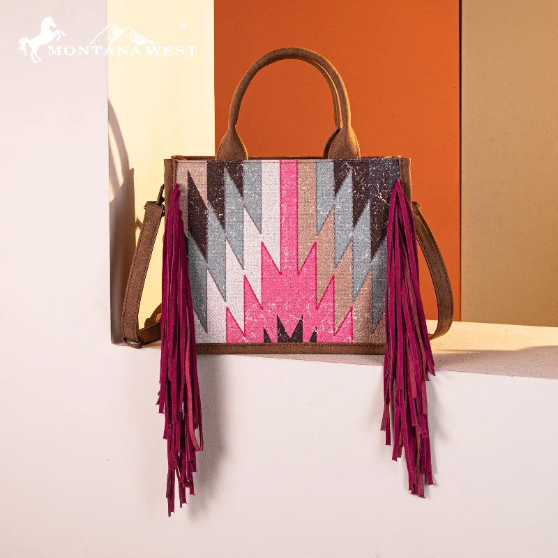 women's handbag with stylish front pocket -MW1290-8899   Montana West Aztec Print Fringe Concealed Carry Tote/Crossbody