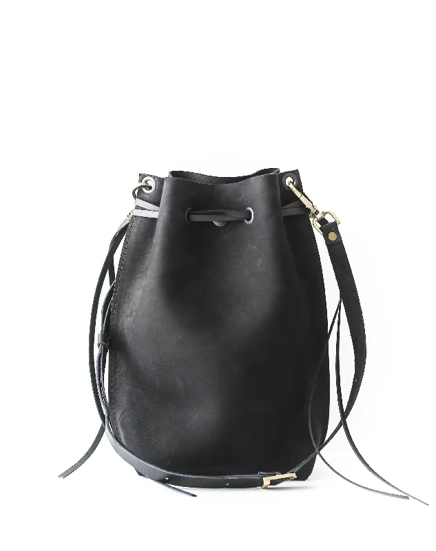 women's bucket bag with casual charm -Black Nubuck Bucket Bag w/Drawstrings