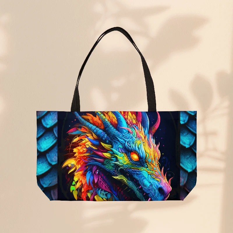 women's tote bag with handwoven details -Neon Dragon Weekender Tote Bag