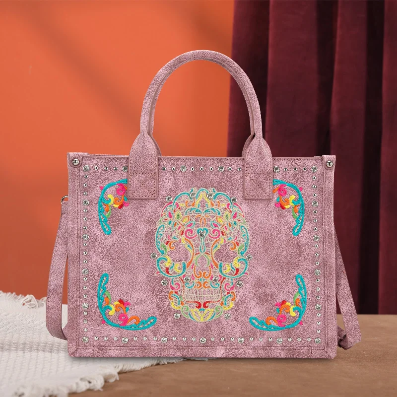 women's handbag with matching wallet -MW494G-H8120S  Montana West Embroidered Sugar Skull Tote/Crossbody - Pink