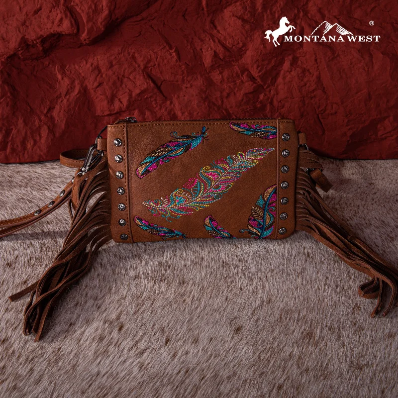 Ladies Crossbody Bag Everyday Chic -MW1242-181 Montana West Embroidered Feather Collection Clutch/Crossbody