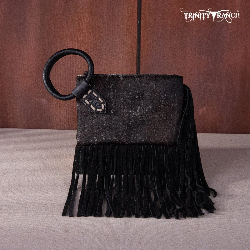 Ladies Crossbody Bag Canvas Material -TR167-A181 Trinity Ranch Genuine Hair-On Cowhide Ring Handle Wristlet Clutch Bag - Black