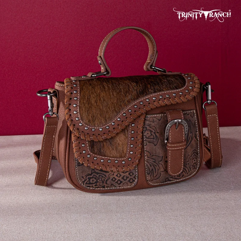 women's handbag with modern, clean lines -TR149-8360 Trinity Ranch Hair-On Cowhide Saddle Shape Collection Crossbody/Satchel -Brown