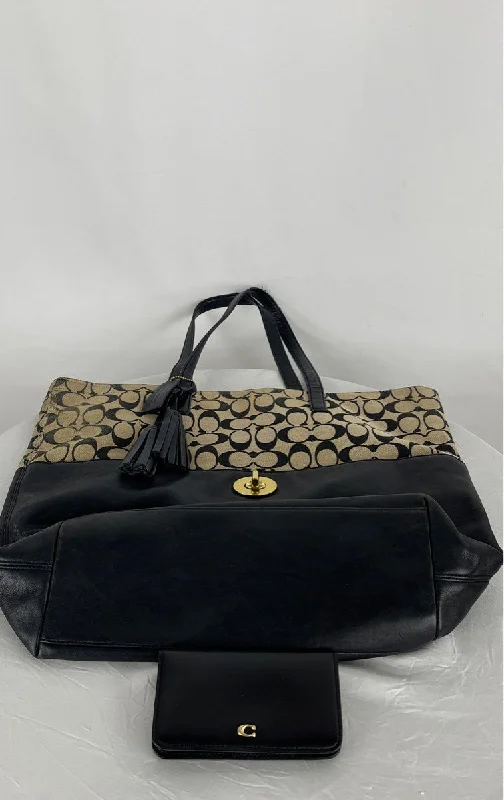 women's tote bag with fun print designs -Coach Signature Turnlock Black Tan Leather Tote Purse W/Wallet