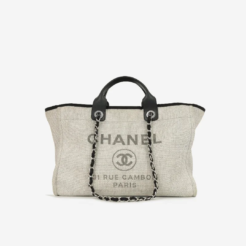 women's handbag with high-quality leather -Chanel Large Deauville Grey Raffia SHW