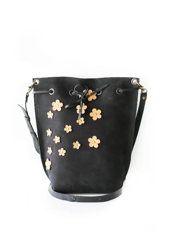 women's bucket bag for the fashion elite -Black Floral Leather Bucket Bag