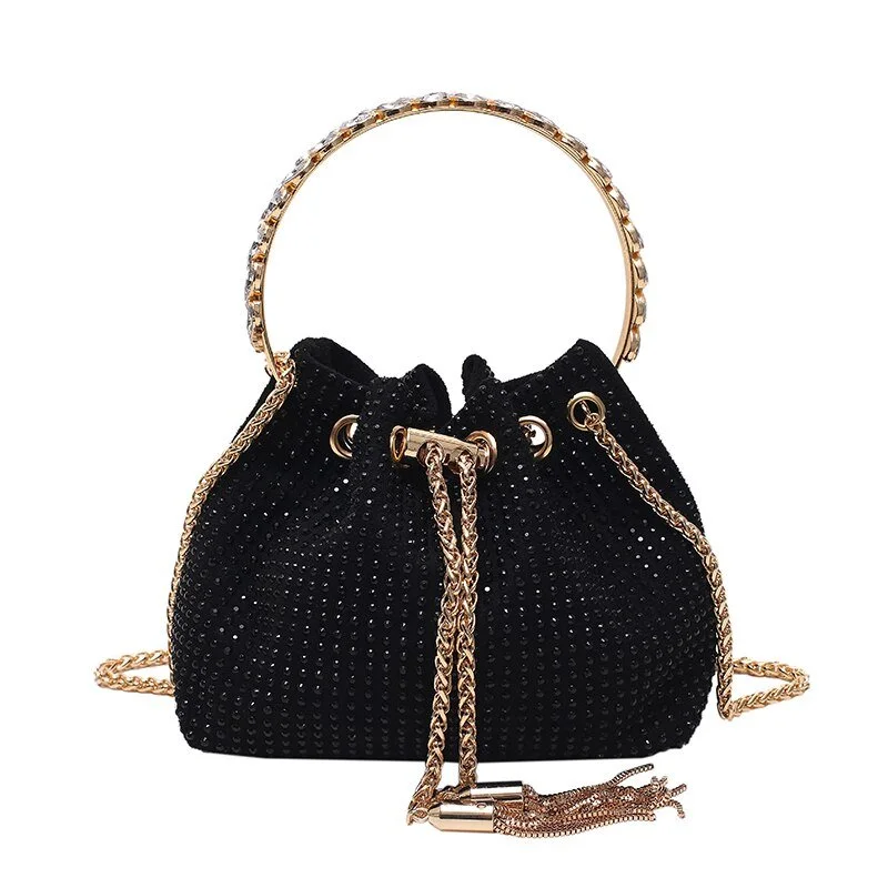 women's bucket bag with adjustable leather straps -Trendy and Colorful: Women's Diamante Chain Tassel Crossbody Bucket Bag