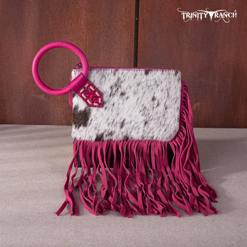 Ladies Crossbody Bag Everyday Use -TR167-A181 Trinity Ranch Genuine Hair-On Cowhide Ring Handle Wristlet Clutch Bag - Hot Pink