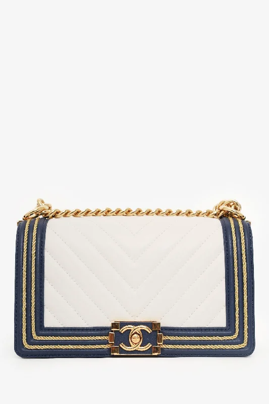 women's handbag with compact and sleek design -Pre-loved Chanel™ 2018/19 White/Navy Calfskin Chevron Quilted Braided Medium Boy Bag