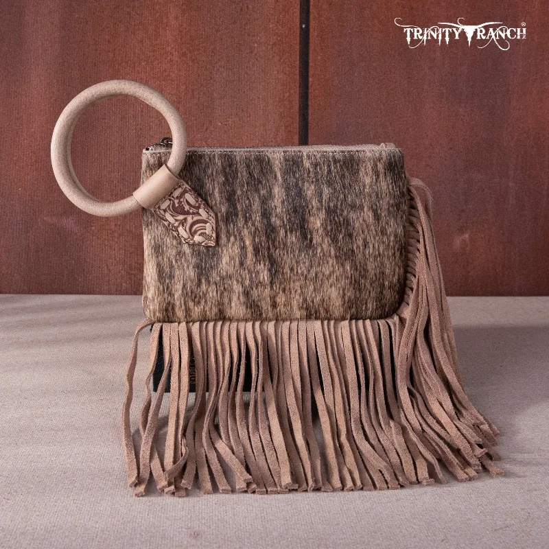 Ladies Crossbody Bag Black Classic -TR167-A181 Trinity Ranch Genuine Hair-On Cowhide Ring Handle Wristlet Clutch Bag - Tan