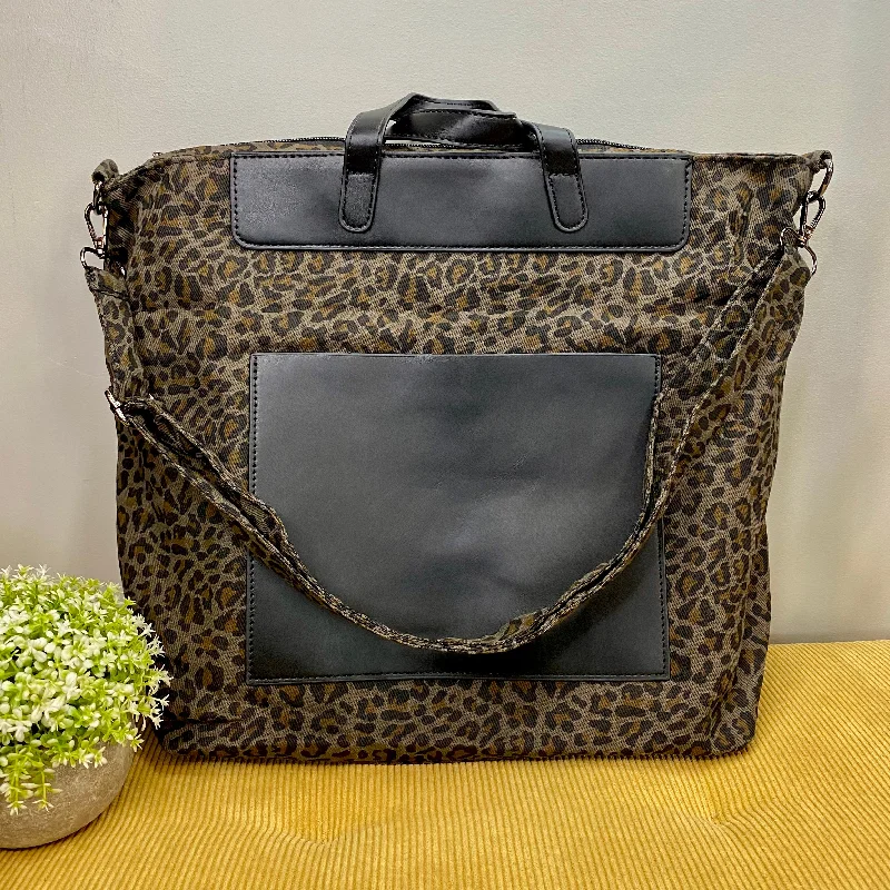 women's tote bag with smooth leather finish -Tote Briefcase Bag - Black & Animal Print