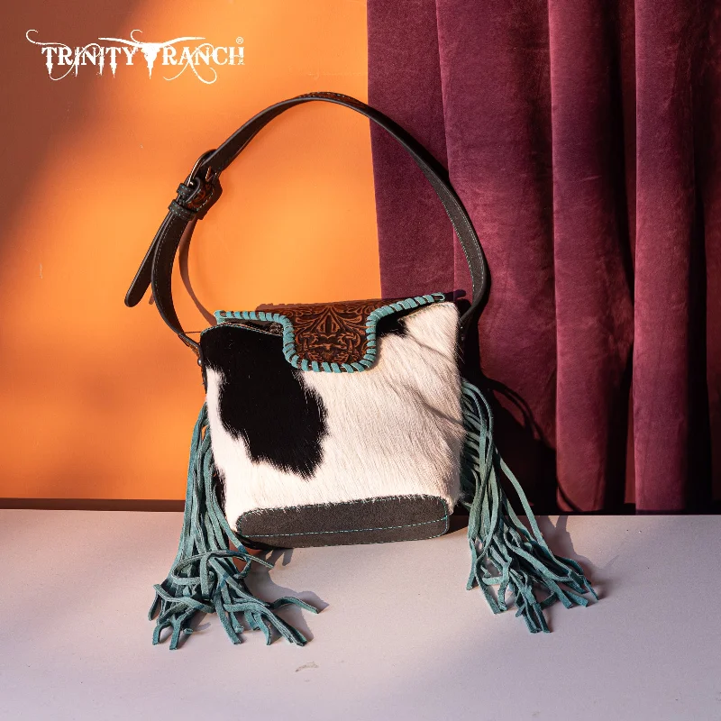 women's handbag with statement zipper -TR182-9181  Trinity Ranch Genuine Hair-On Cowhide Tooled Fringe Shoulder Bag- Black