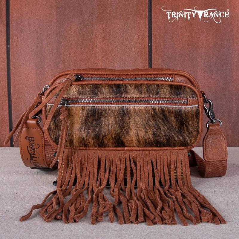 Ladies Crossbody Bag Retro Vibes -TR165-197  Trinity Ranch Genuine Hair-On Cowhide Triple Zippered Pocket Fringe Belt Bag