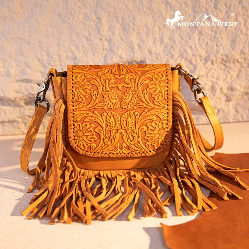 Ladies Crossbody Bag Secure Zippers -RLC-L187 Montana West Genuine Leather Tooled Fringe Crossbody - Yellow