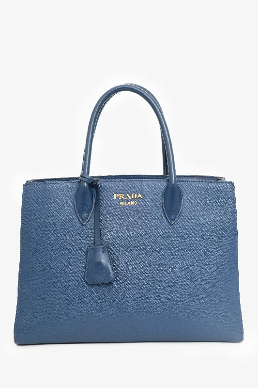 women's handbag with vibrant leather -Prada Navy Saffiano Leather Bibliothèque Handle Bag with Strap